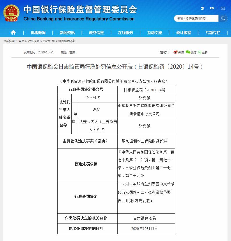 中华联合财险被罚10万元：编制虚假农业保险财务资料