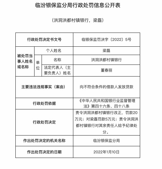 因向不符条件的借款人发放贷款，洪洞洪都村镇银行被罚20万