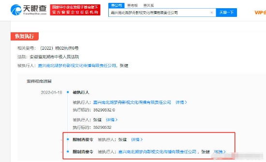 嘉兴南北湖梦舟影视文化传播有限责任公司新增限制消费令