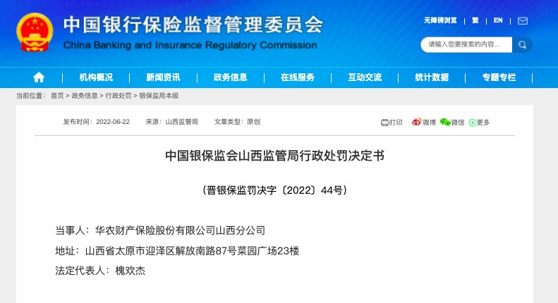 因未使用经备案的保险费率等，华农财险山西分公司被罚29万